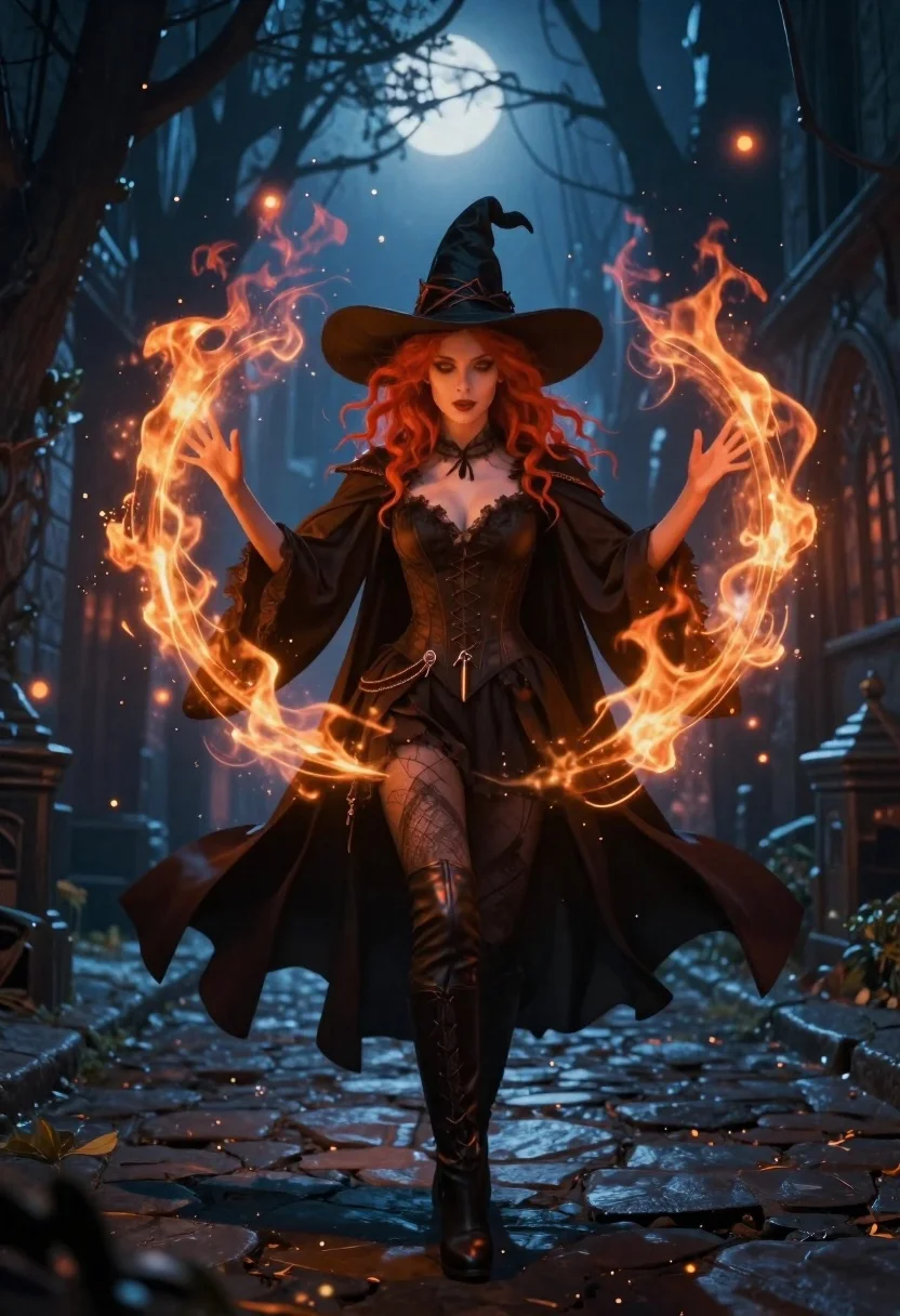 Witch channeling fire in an enchanted alleyway - AI generated image prompt sample