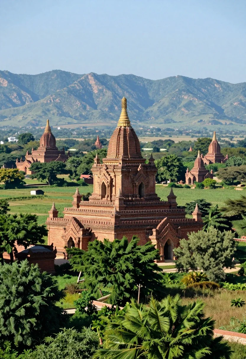 Panoramic view of ancient brick pagodas in a lush green valley with - AI generated image prompt sample