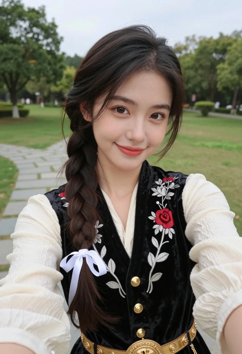 Young woman in embroidered vest taking a selfie in a grassy park - AI generated image prompt sample