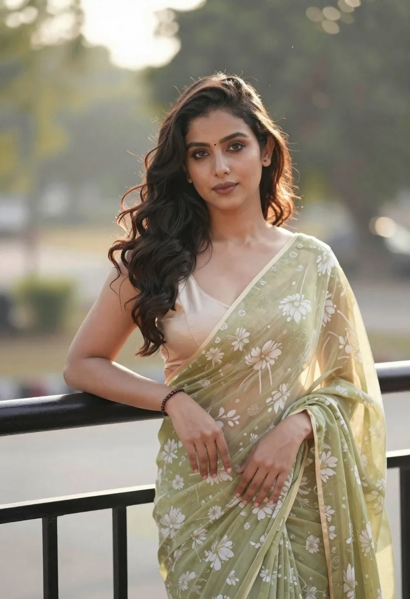 Young woman in olive saree leaning on railing outdoors during golden hour