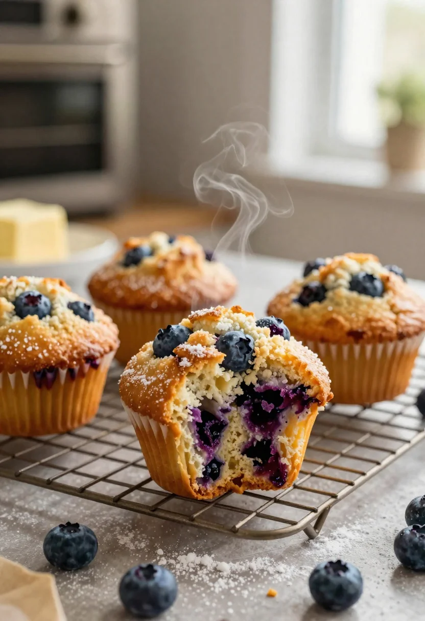 Close up of fresh blueberry muffins on a bakery table setting