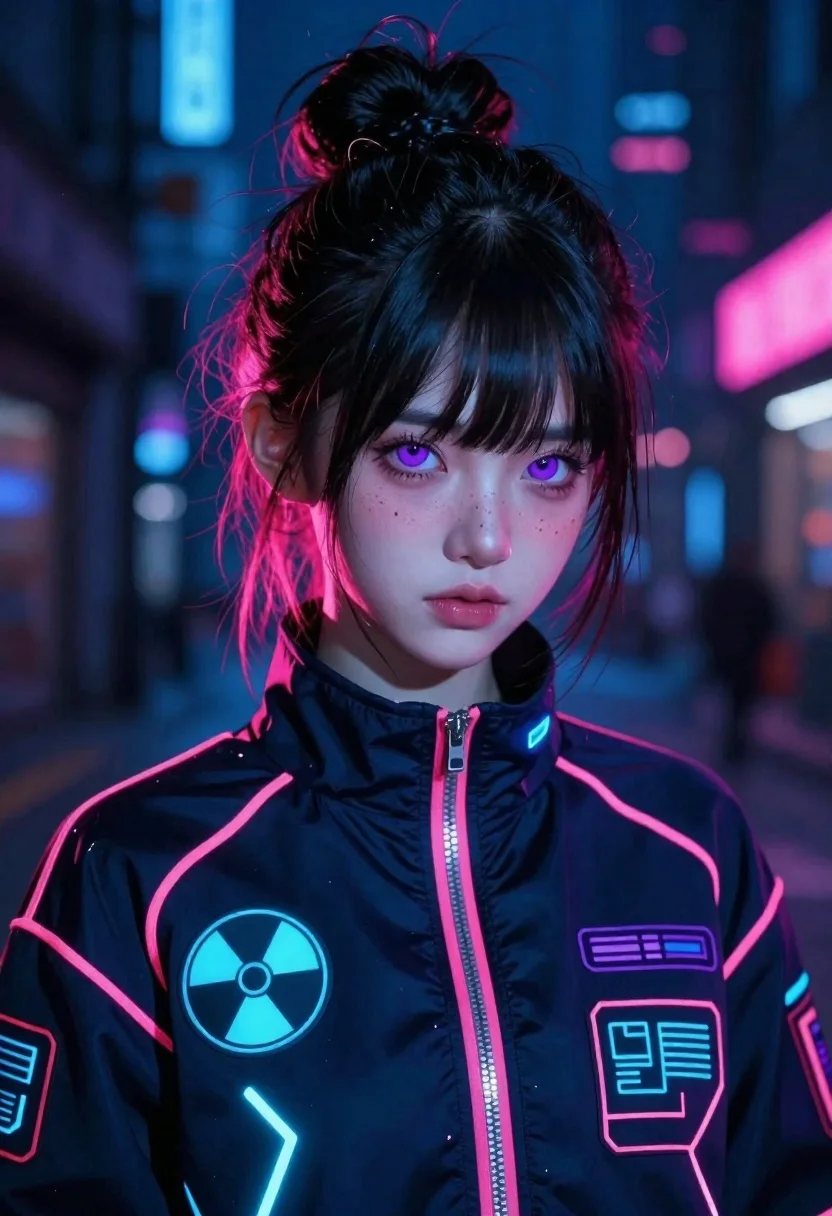 Anime portrait of woman in dark neon city - AI generated image prompt sample