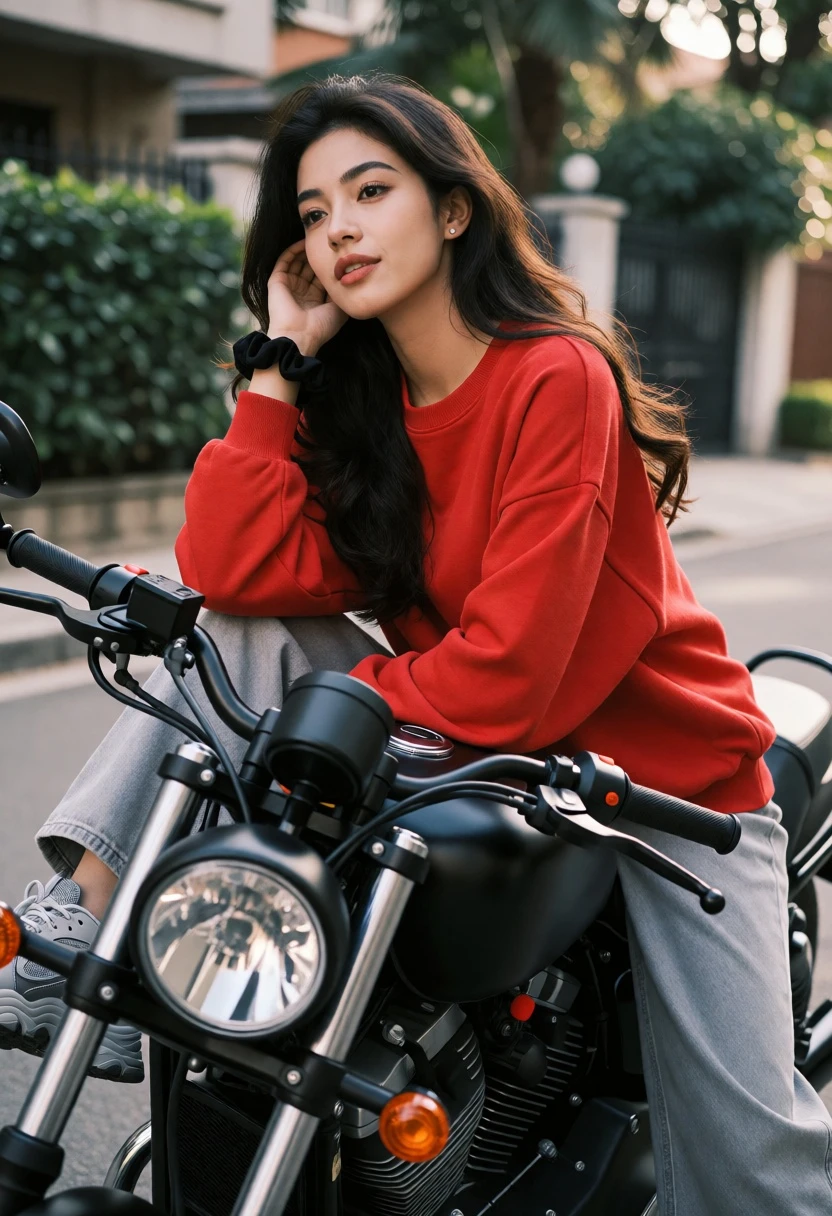 Young woman with dark wavy hair on black motorcycle in urban setting - AI generated image prompt sample