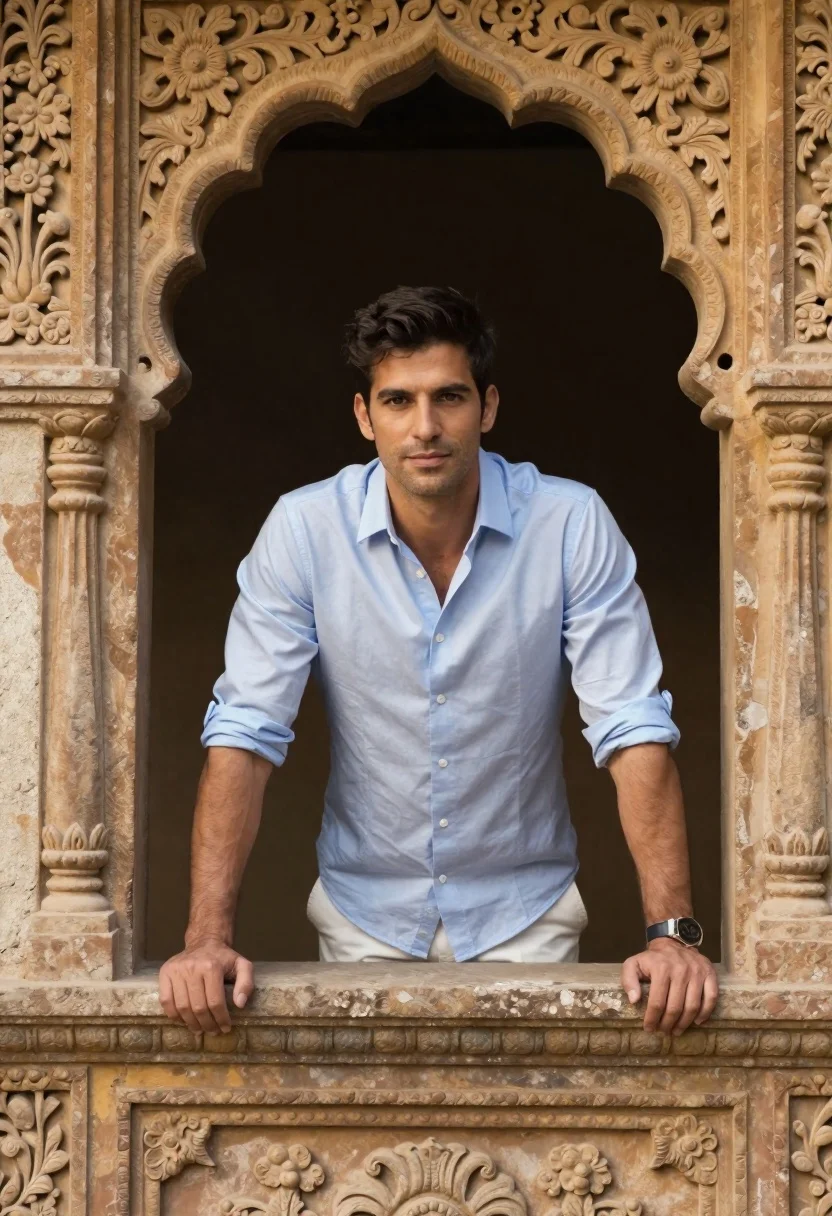 Handsome man in blue shirt leaning on ornate stone window frame - AI generated image prompt sample