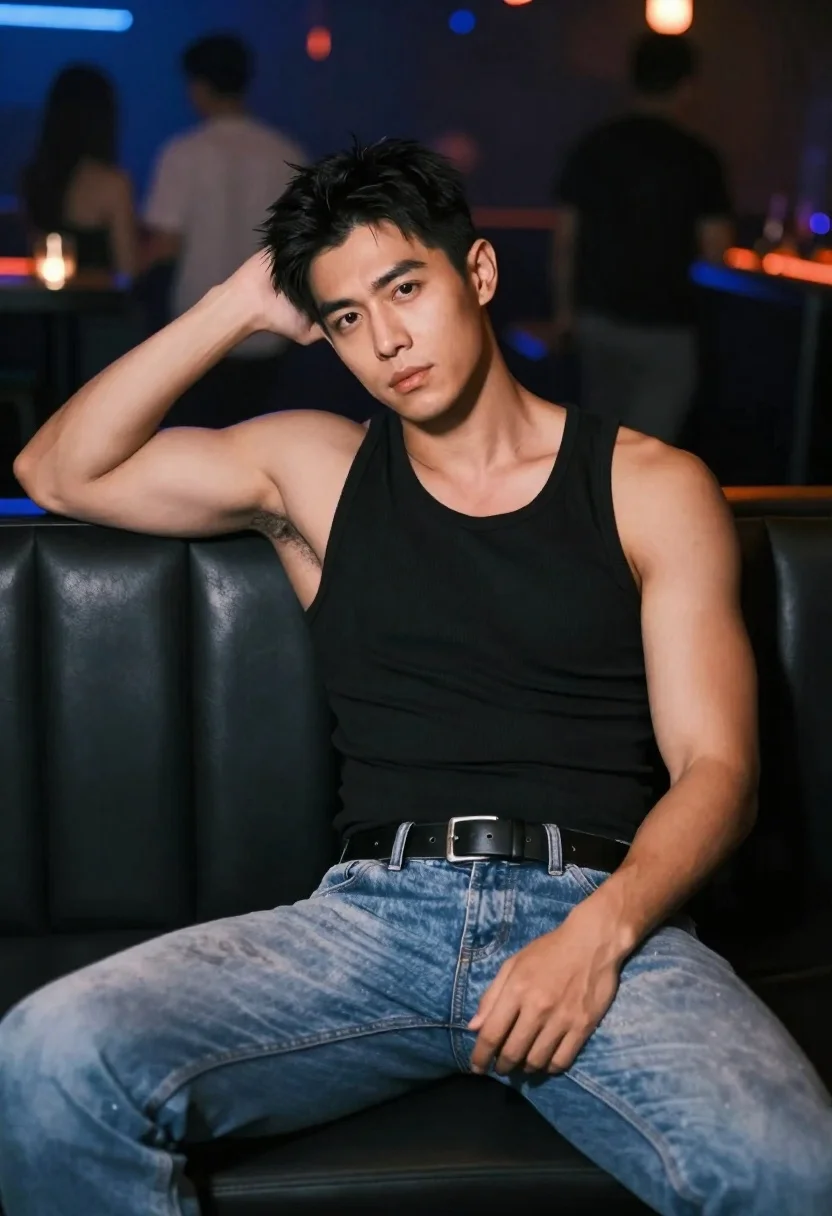 Muscular man in black tank top sitting on leather couch in club - AI generated image prompt sample
