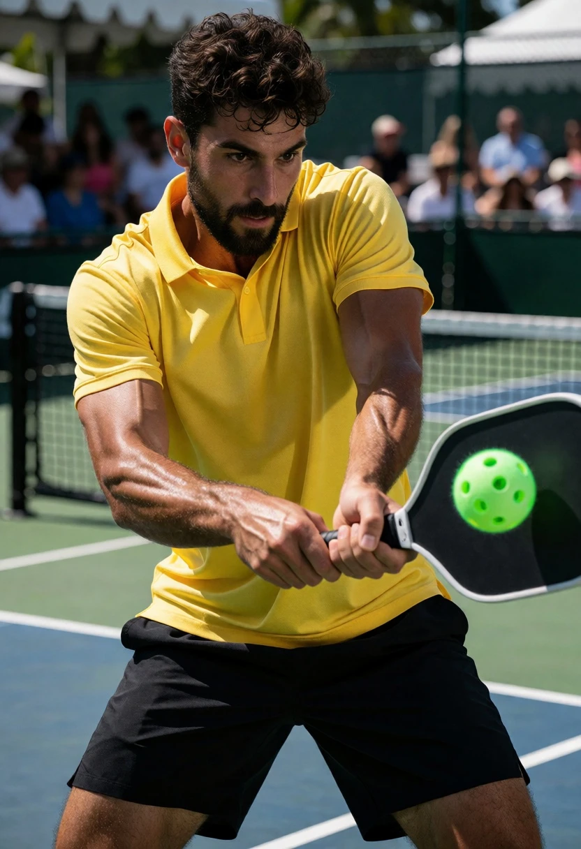 Muscular man swinging pickleball paddle on a green outdoor hard court - AI generated image prompt sample