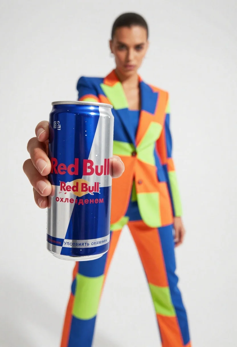 Closeup of red bull can held by hand with fashion model in - AI generated image prompt sample