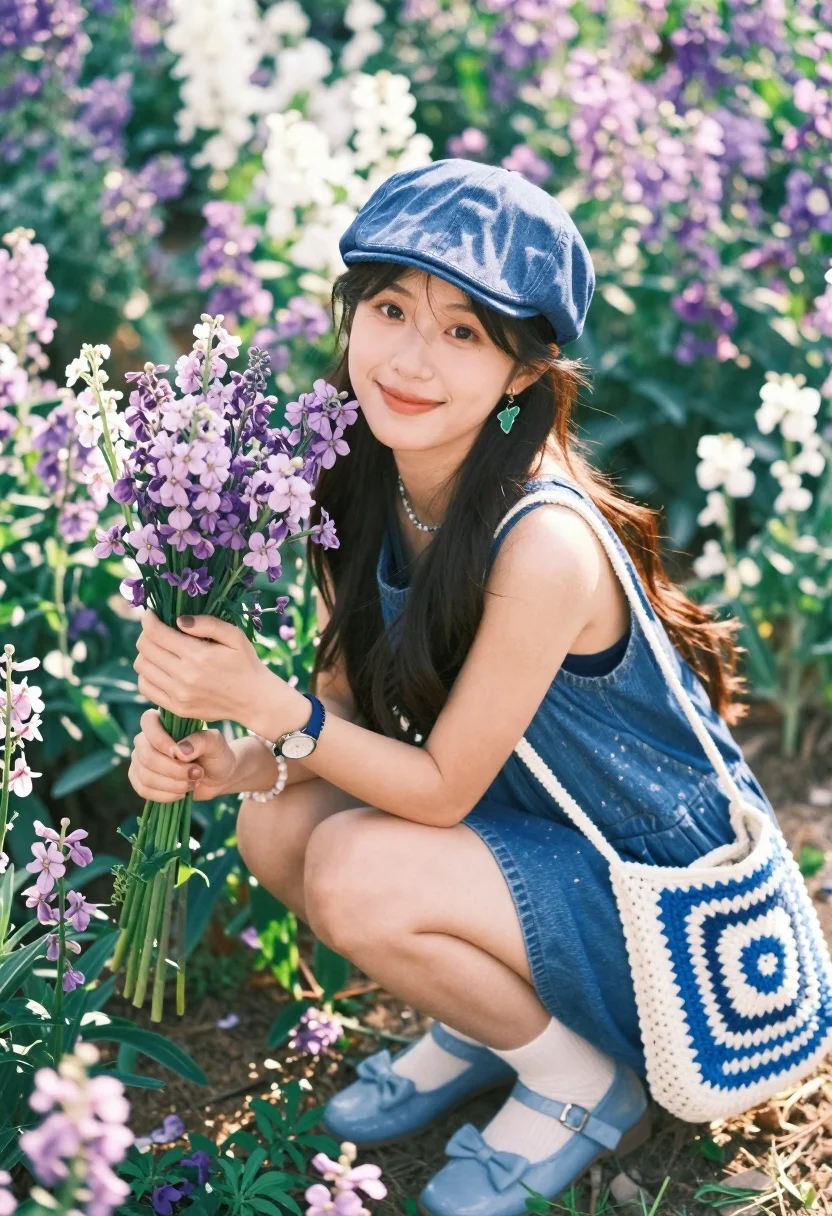 Smiling young woman in denim cap holding flowers in a garden - AI generated image prompt sample