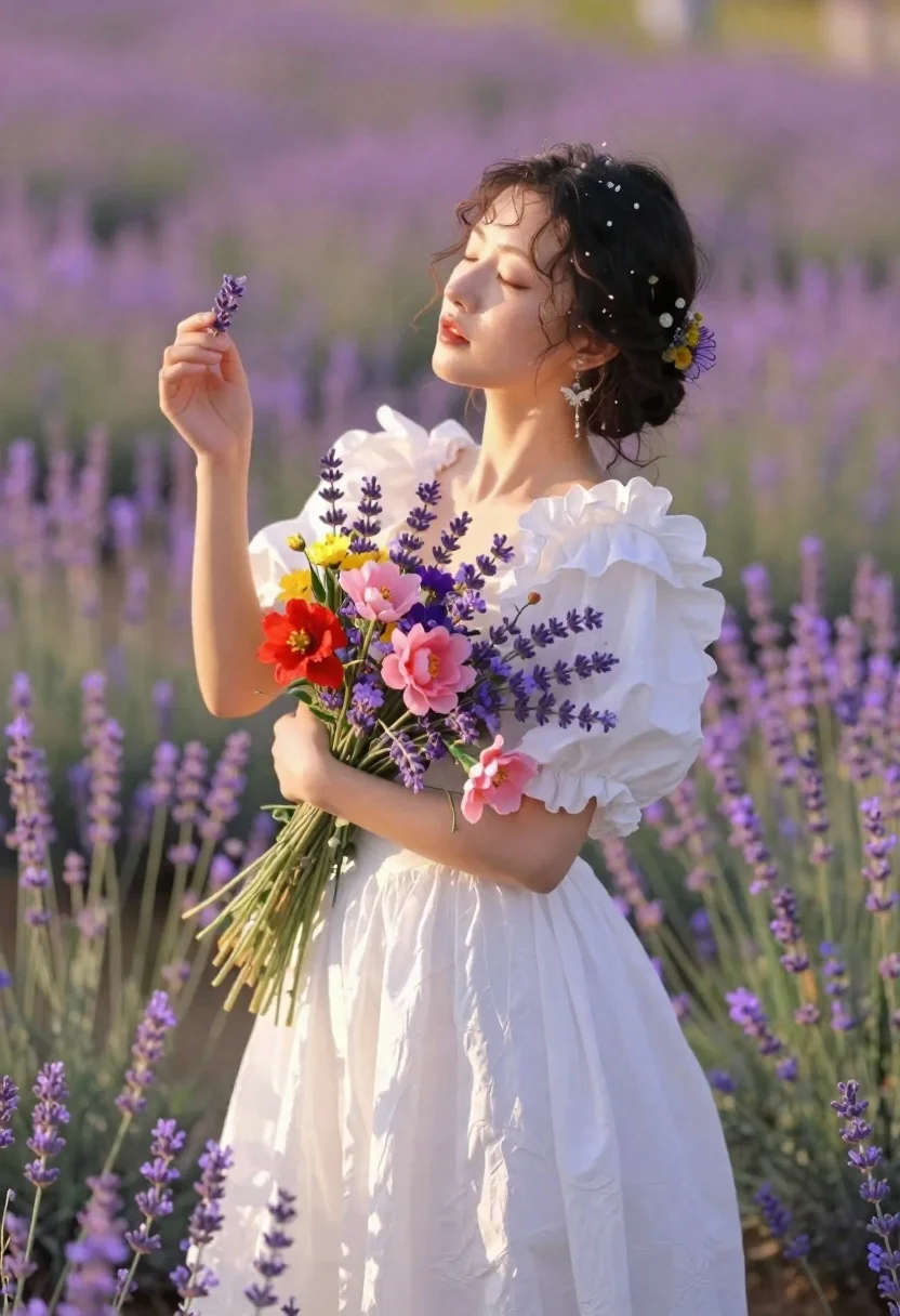 Woman in white dress standing in lavender meadow