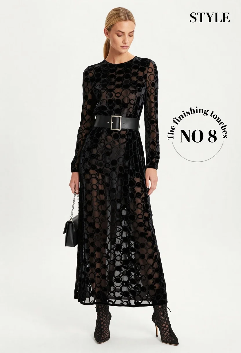 Full body fashion photograph of blonde woman in black velvet gown - AI generated image prompt sample