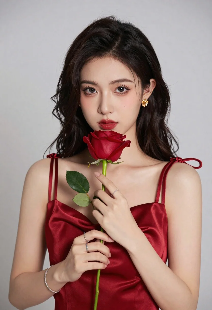 Studio portrait of woman holding red rose