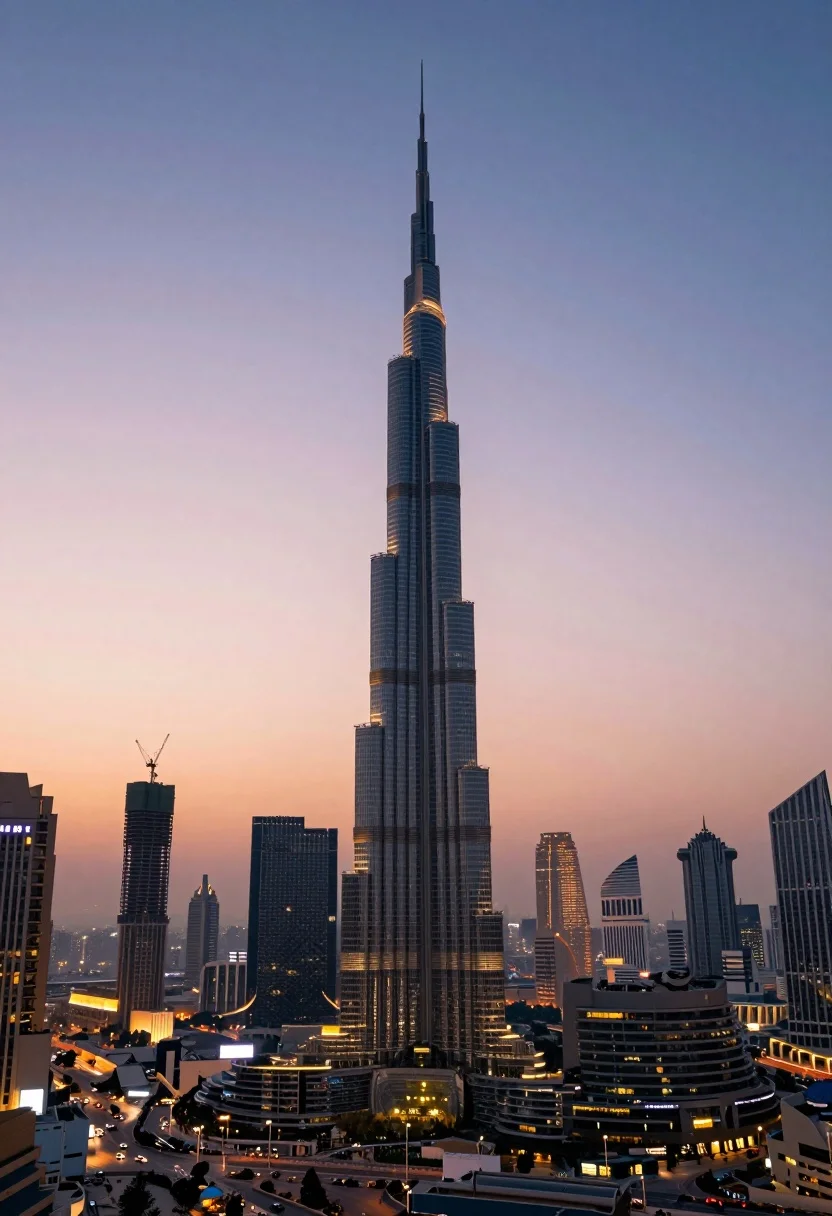 High angle wide shot of burj khalifa dominating modern city skyline at - AI generated image prompt sample