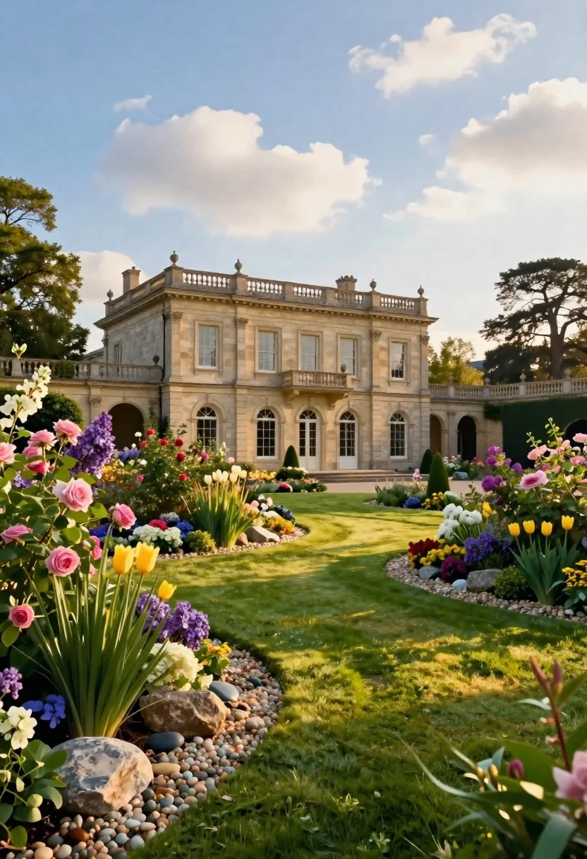 Classical villa in lush garden under golden hour sunlight
