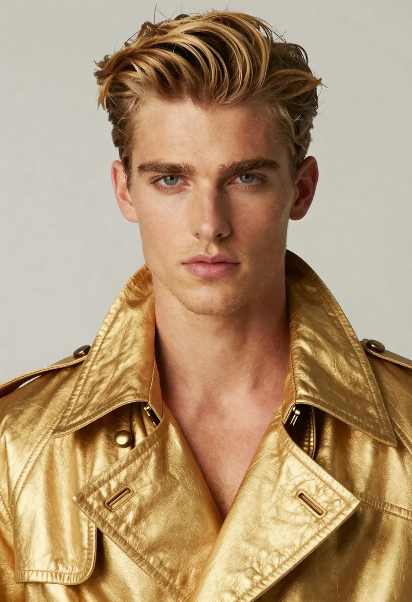 Portrait of handsome man in gold trench coat