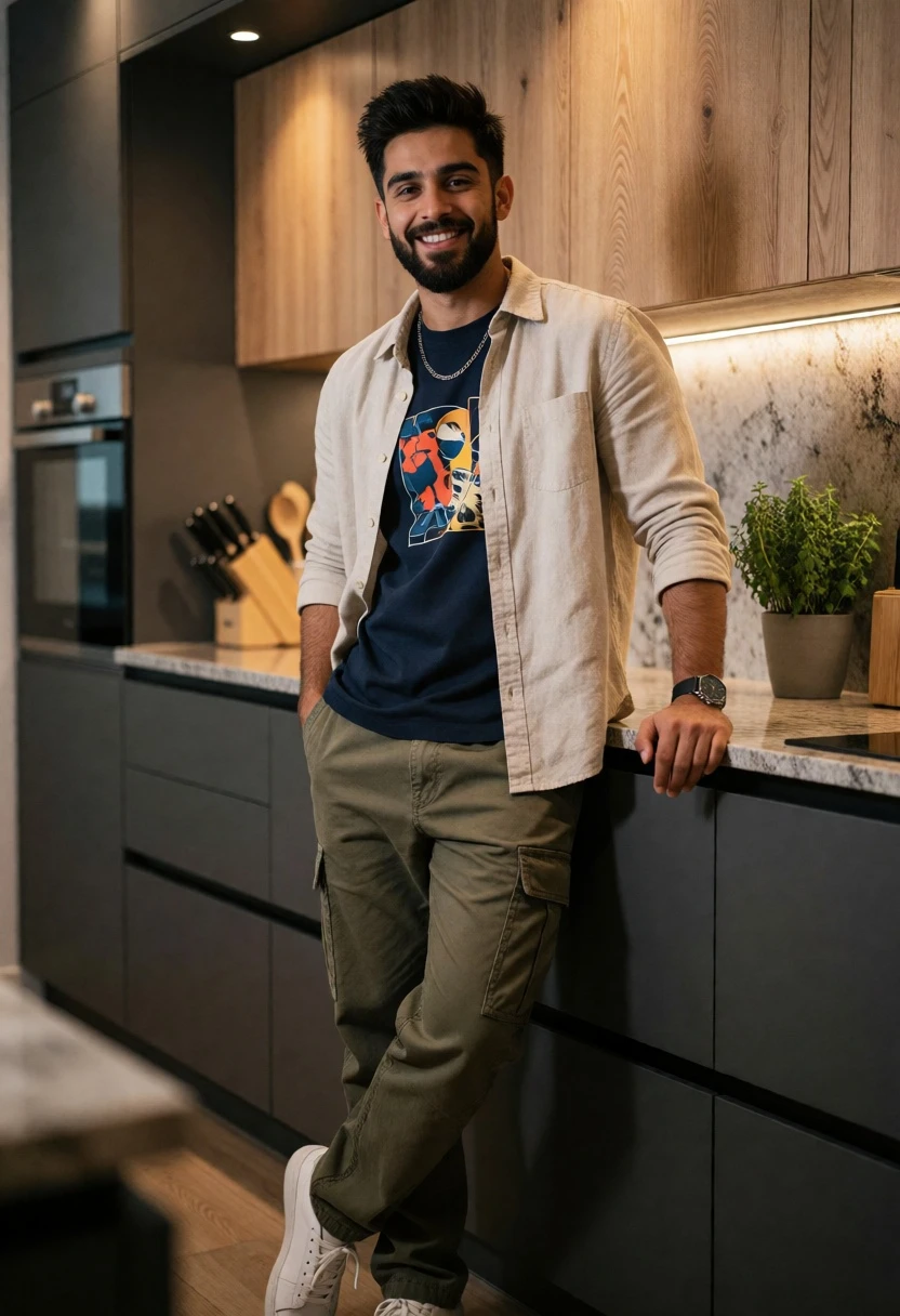 Young man in modern kitchen leaning against countertop casual portrait - AI generated image prompt sample