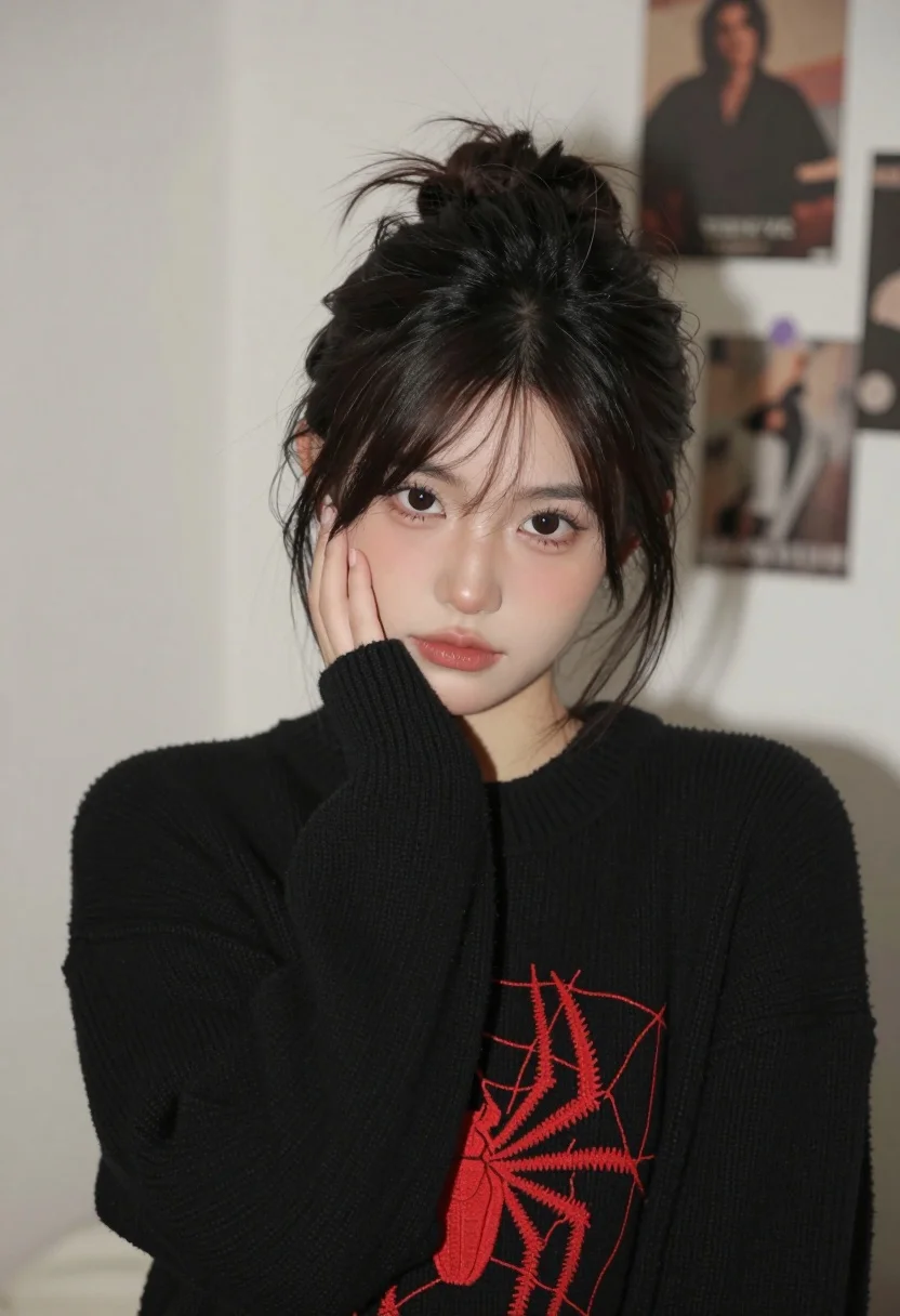 Young woman with dark hair resting cheek on hand in a softly - AI generated image prompt sample