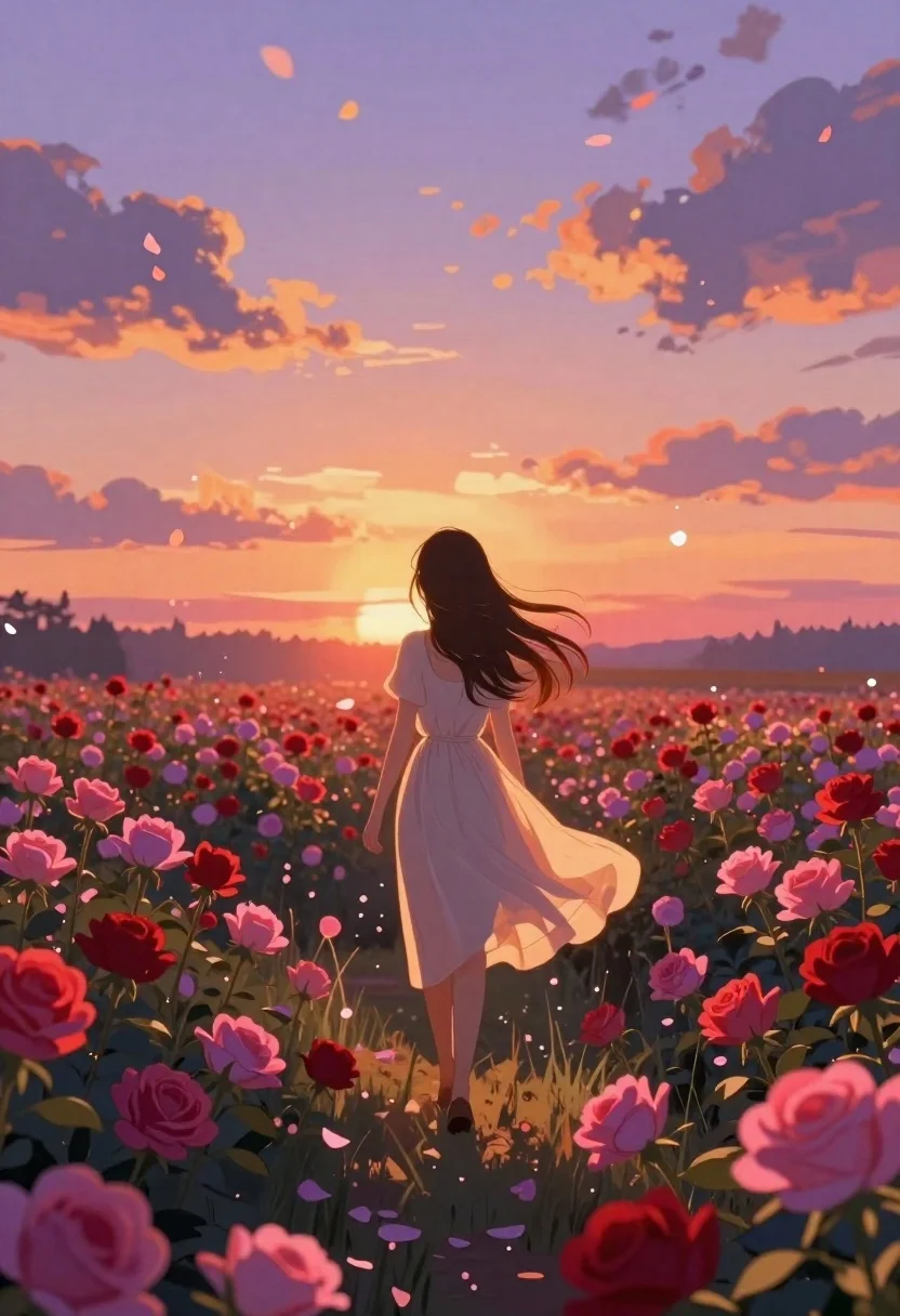 Anime girl in vast rose garden at sunset