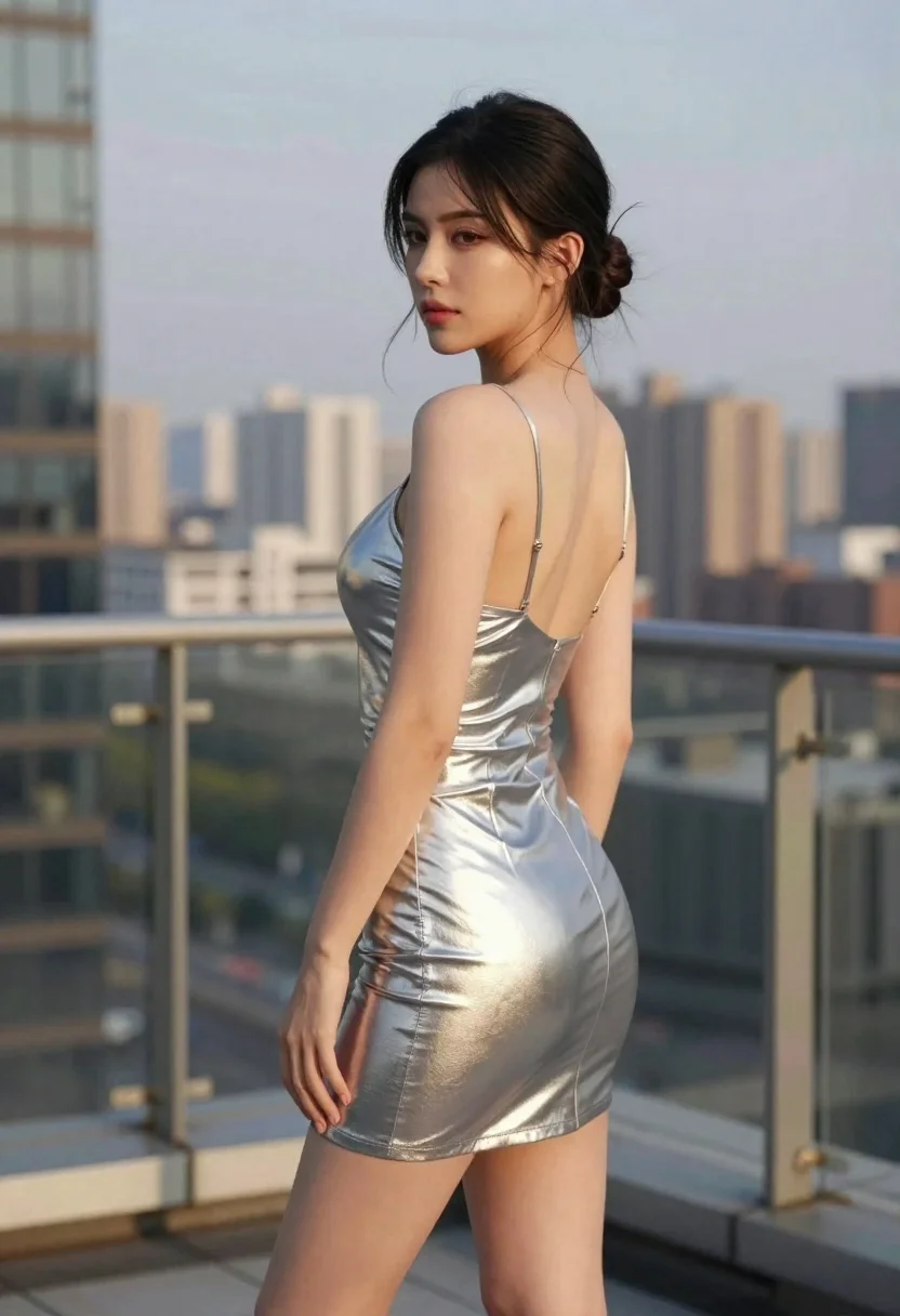 Woman in silver dress on rooftop terrace looking over her shoulder - AI generated image prompt sample