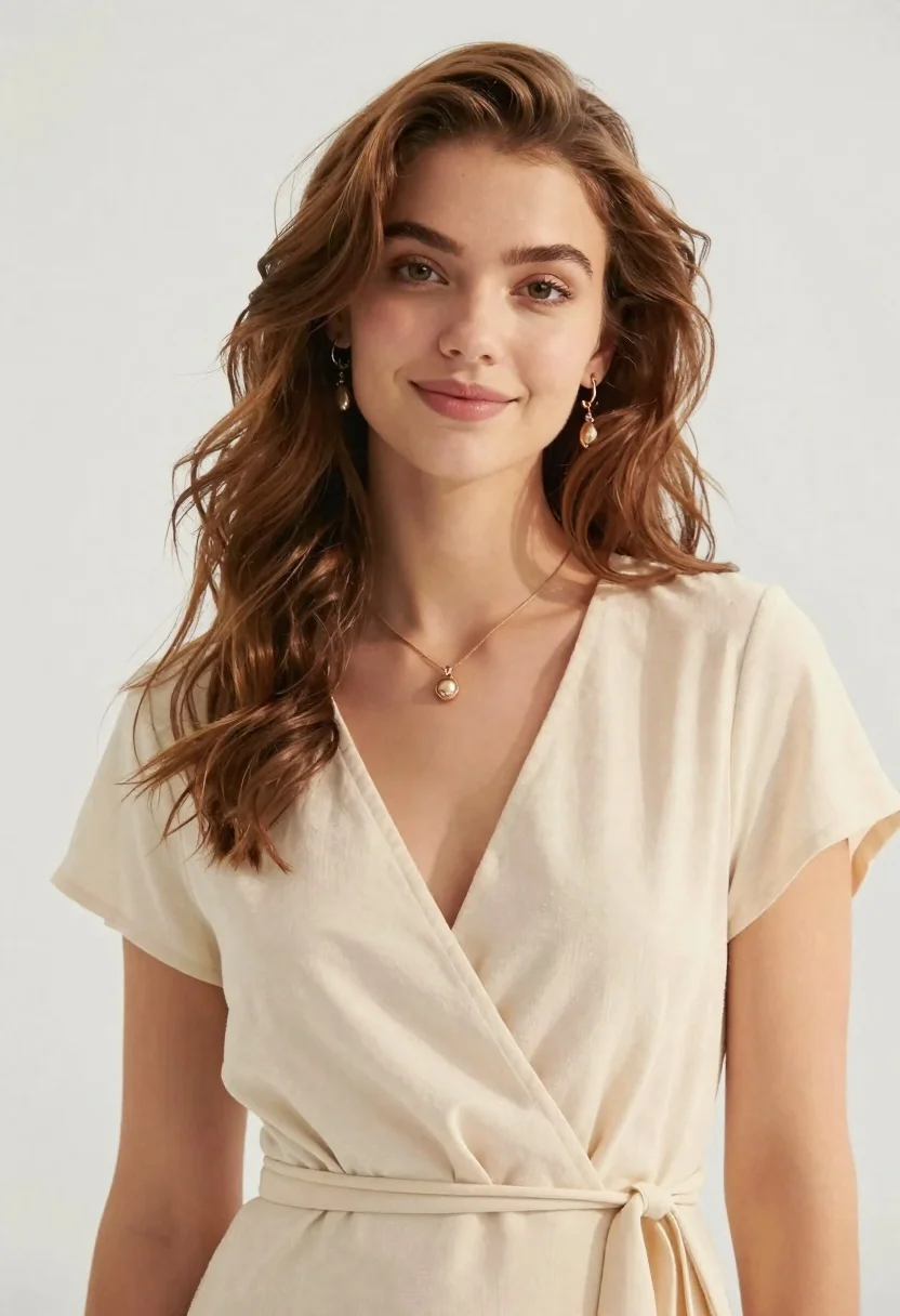 Portrait of young woman in cream wrap dress on white background - AI generated image prompt sample