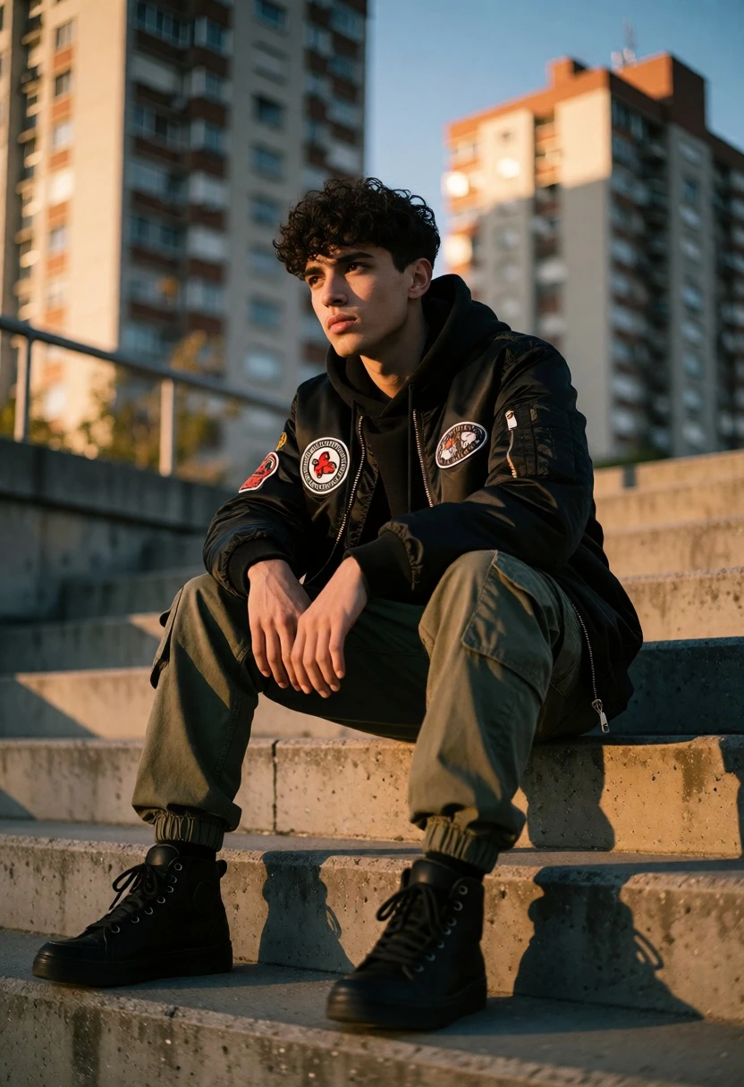Young man in black jacket sitting on concrete stairs in urban evening - AI generated image prompt sample