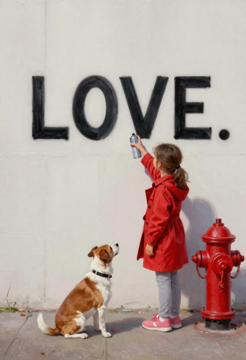 Girl painting word love on white wall with dog - AI generated image prompt sample