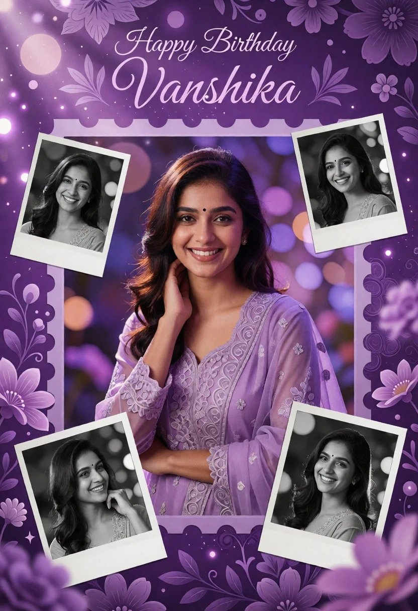 Digital birthday greeting card portrait of smiling woman in purple outfit - AI generated image prompt sample