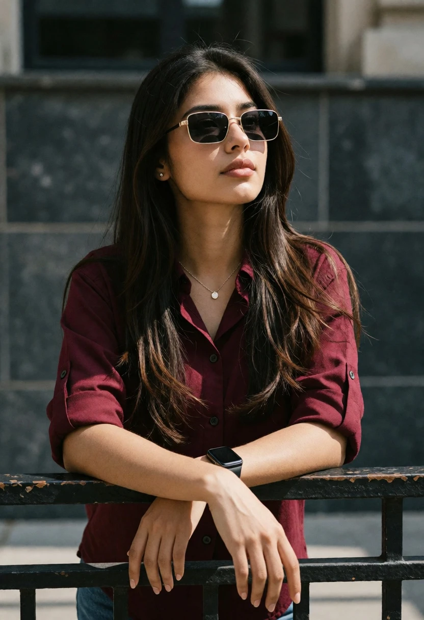 Young woman leaning on railing in urban setting with maroon shirt - AI generated image prompt sample