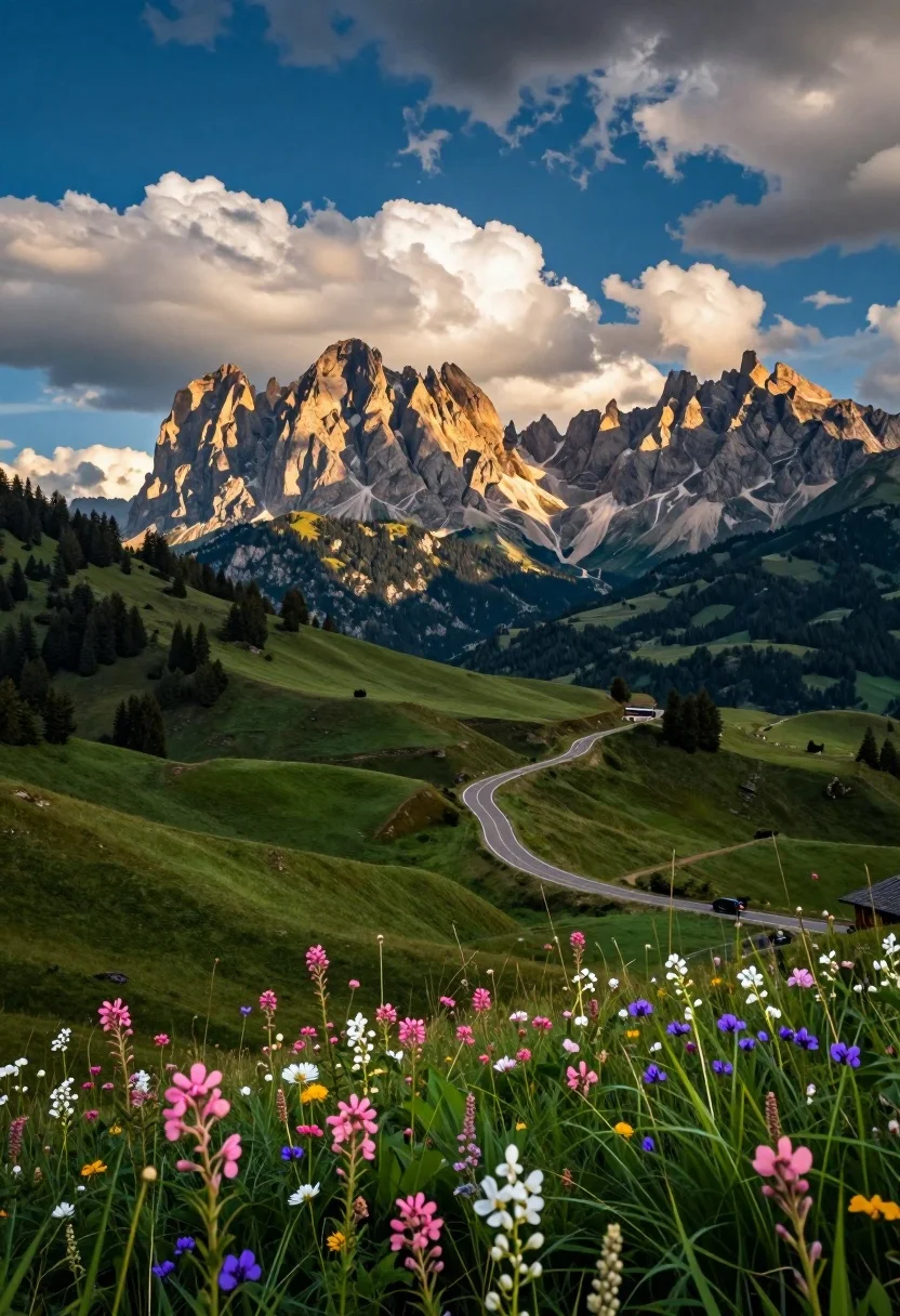 Panoramic view of alpine valley road passing through wildflowers and rugged mountains - AI generated image prompt sample