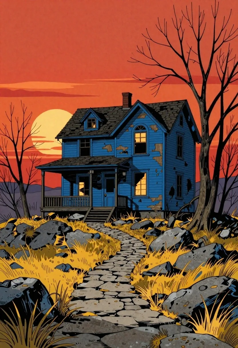 Dilapidated blue house on rocky hilltop at sunset