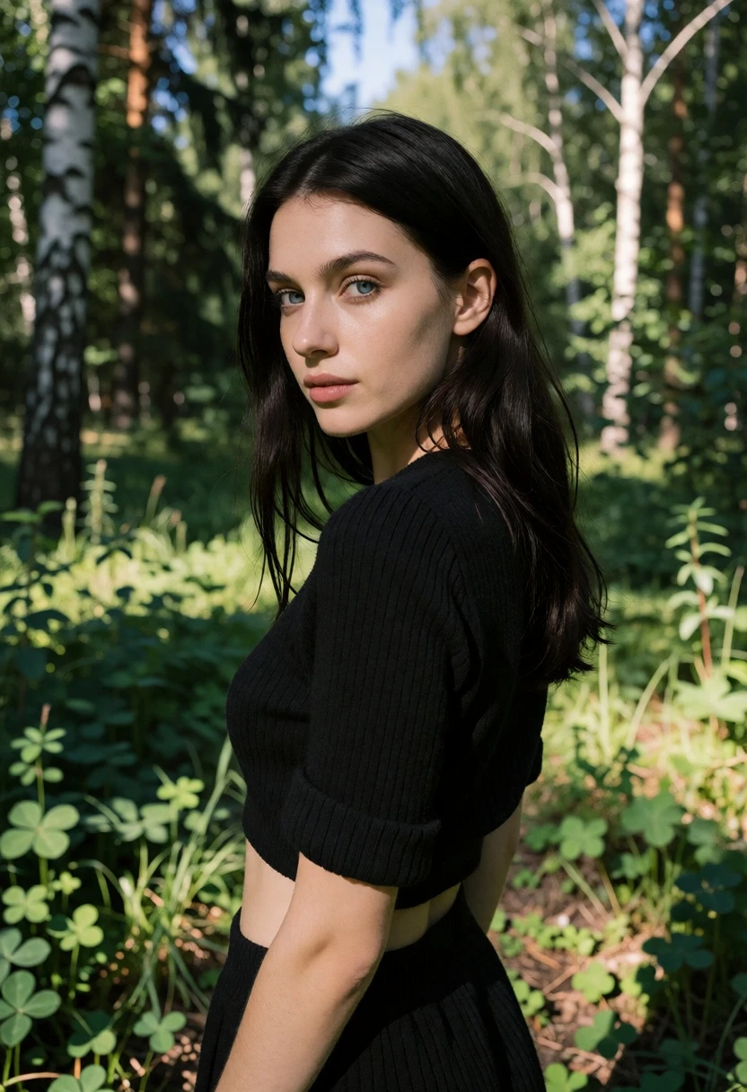 Young woman in black knit top standing in sunlit forest clearing - AI generated image prompt sample