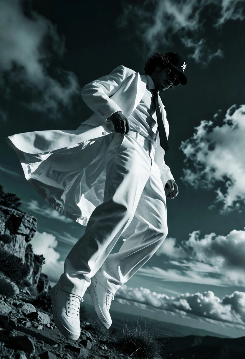 Man floating midair in white suit against dramatic stormy sky and rocks - AI generated image prompt sample