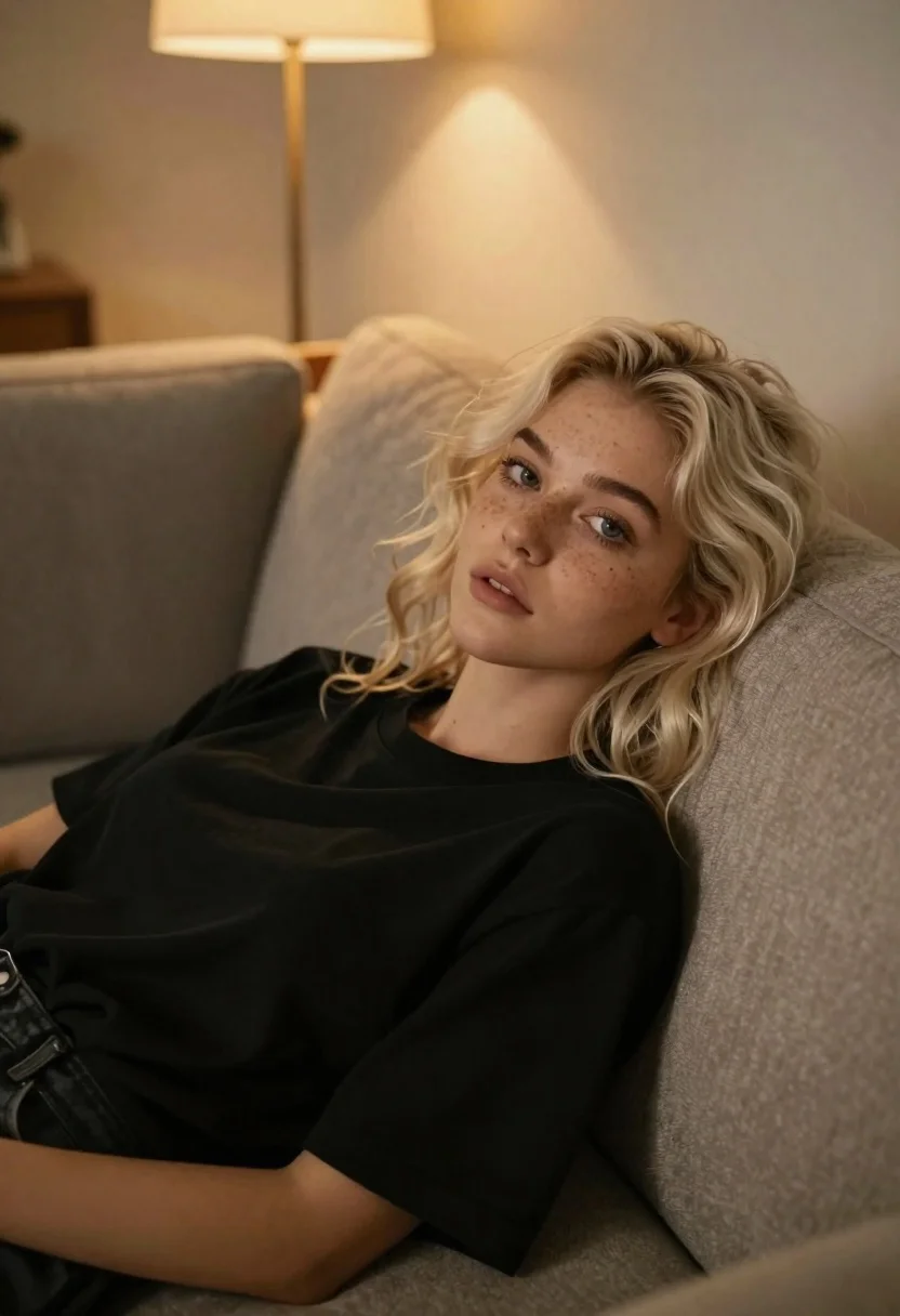 Fair skinned young woman with platinum blonde hair reclining on a beige - AI generated image prompt sample