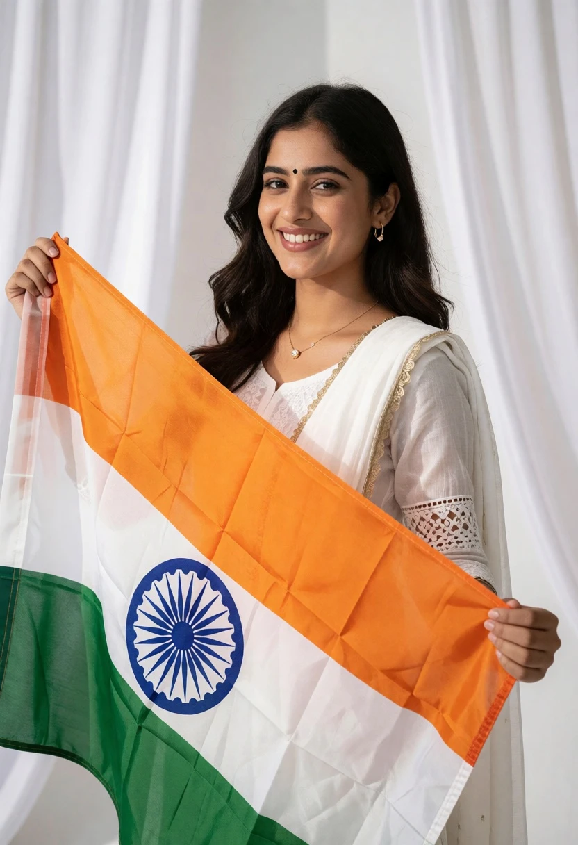 Smiling young woman holding indian flag against white draped studio curtain backdrop - AI generated image prompt sample
