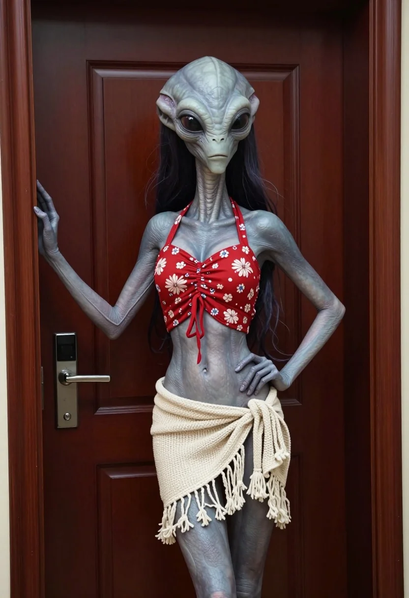 Humanoid alien figure standing in doorway wearing floral top and wrap skirt - AI generated image prompt sample