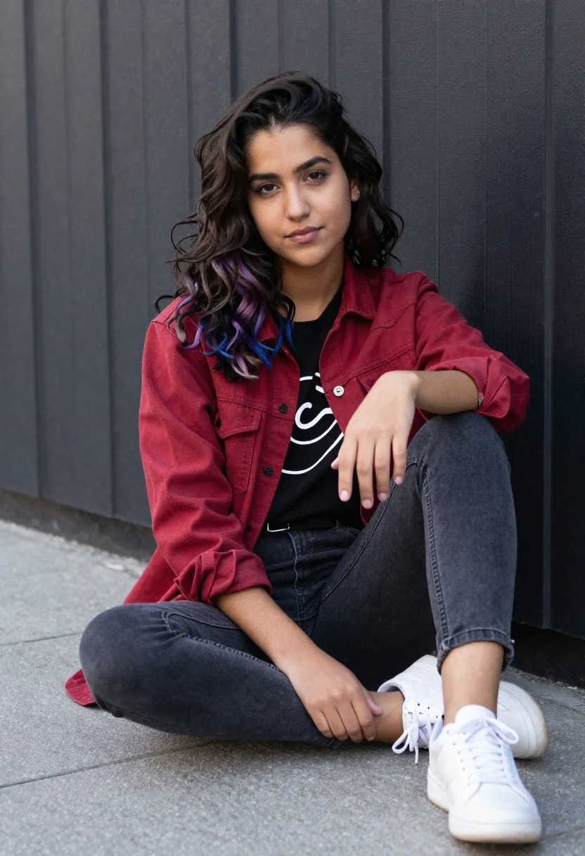 Young woman with dark wavy purple highlighted hair seated on paved surface - AI generated image prompt sample
