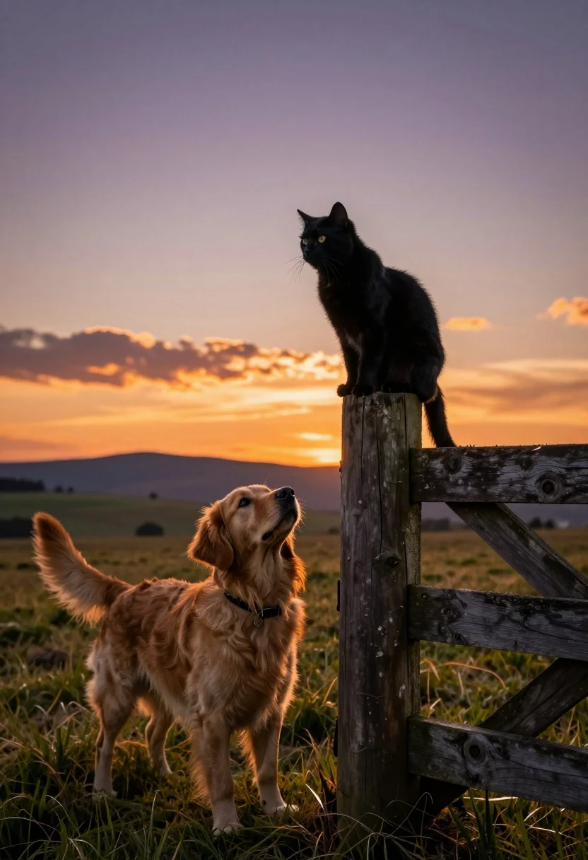 Black cat on fence post looking at golden retriever in grassy field - AI generated image prompt sample