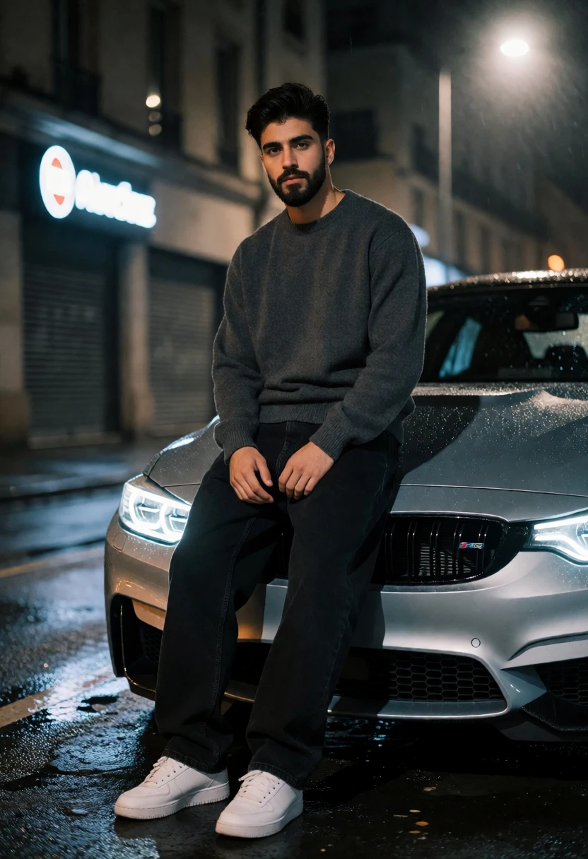 Young man leaning against silver bmw m4 on wet city street at - AI generated image prompt sample