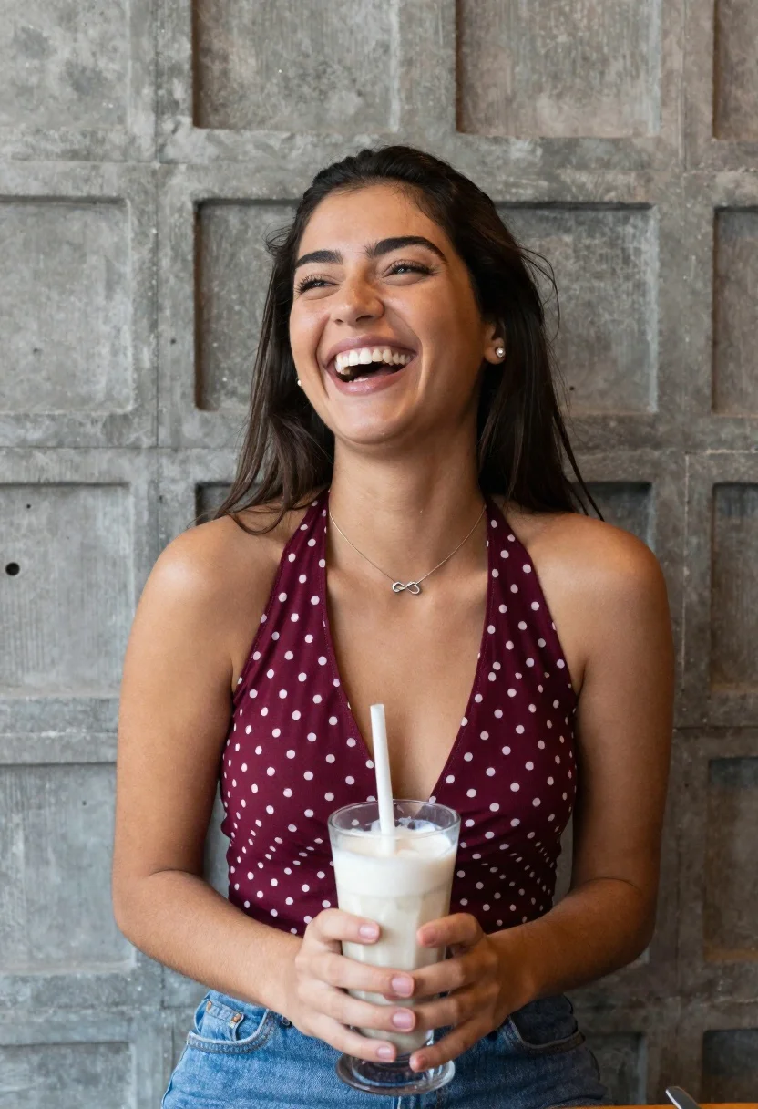 Young woman laughing while holding milkshake against grey concrete wall