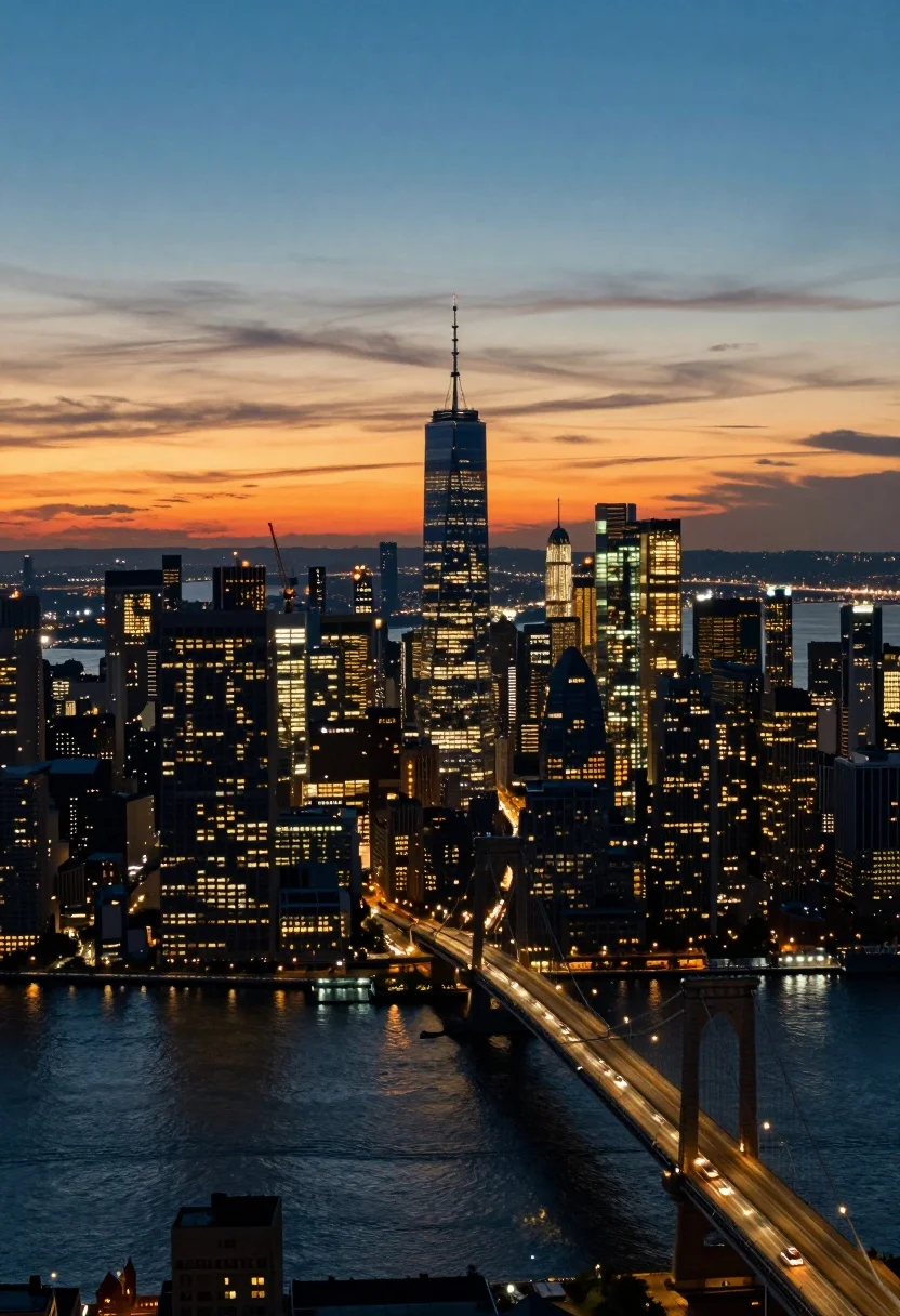 Aerial view of sprawling metropolis skyline at twilight with river reflections - AI generated image prompt sample