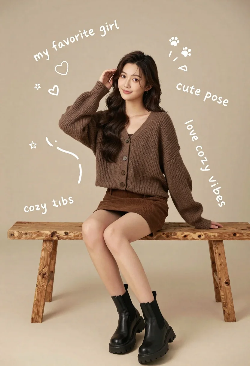 Young woman in brown knit cardigan sitting on bench in studio - AI generated image prompt sample