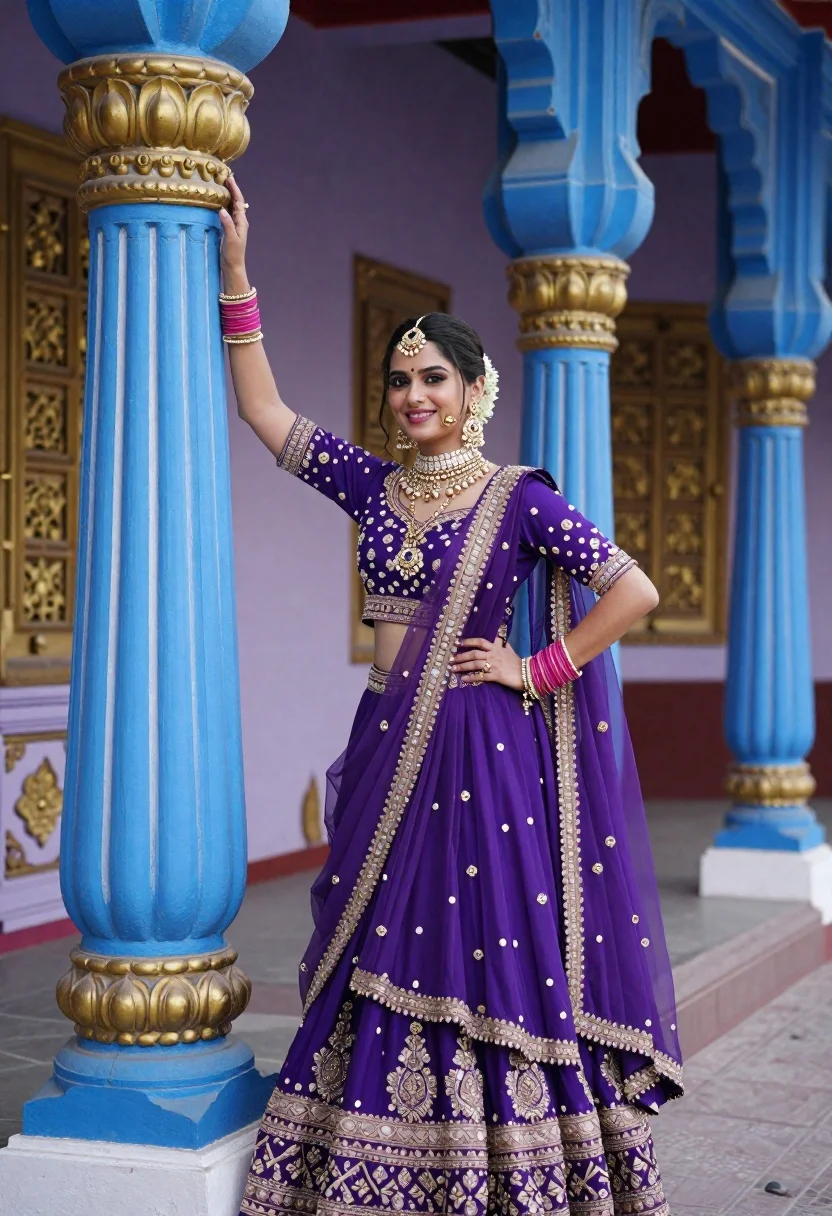 Young woman in purple lehenga near ornate blue pillars with gold detailing