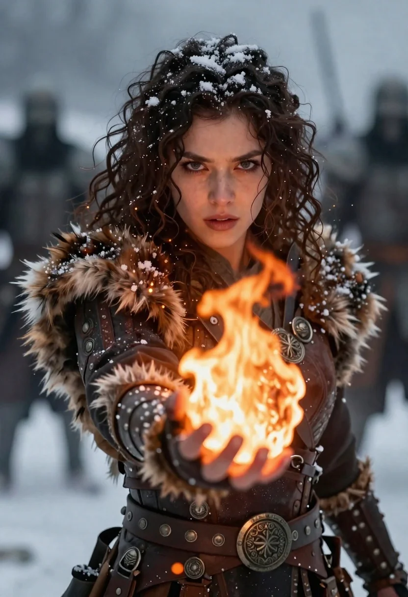 Woman holding glowing fire orb on snowy battlefield