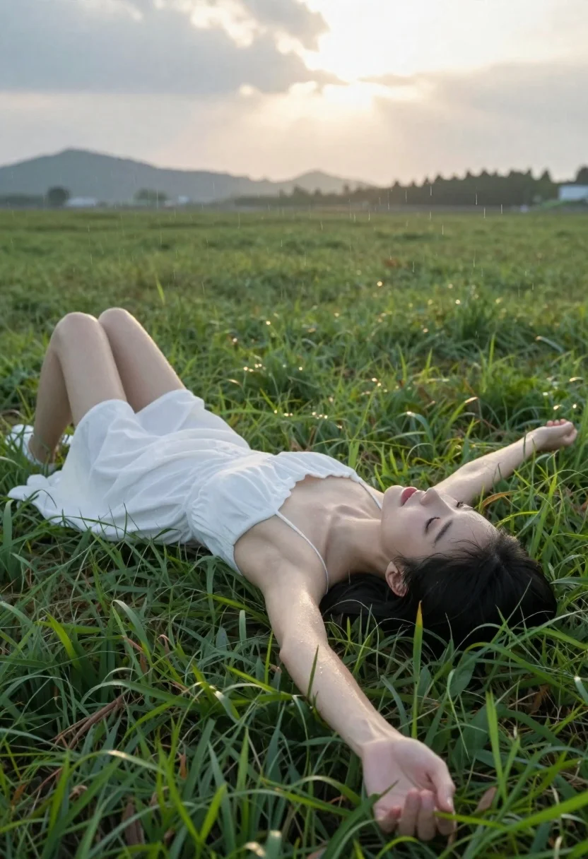 Young east asian woman in white dress lying in green meadow under - AI generated image prompt sample