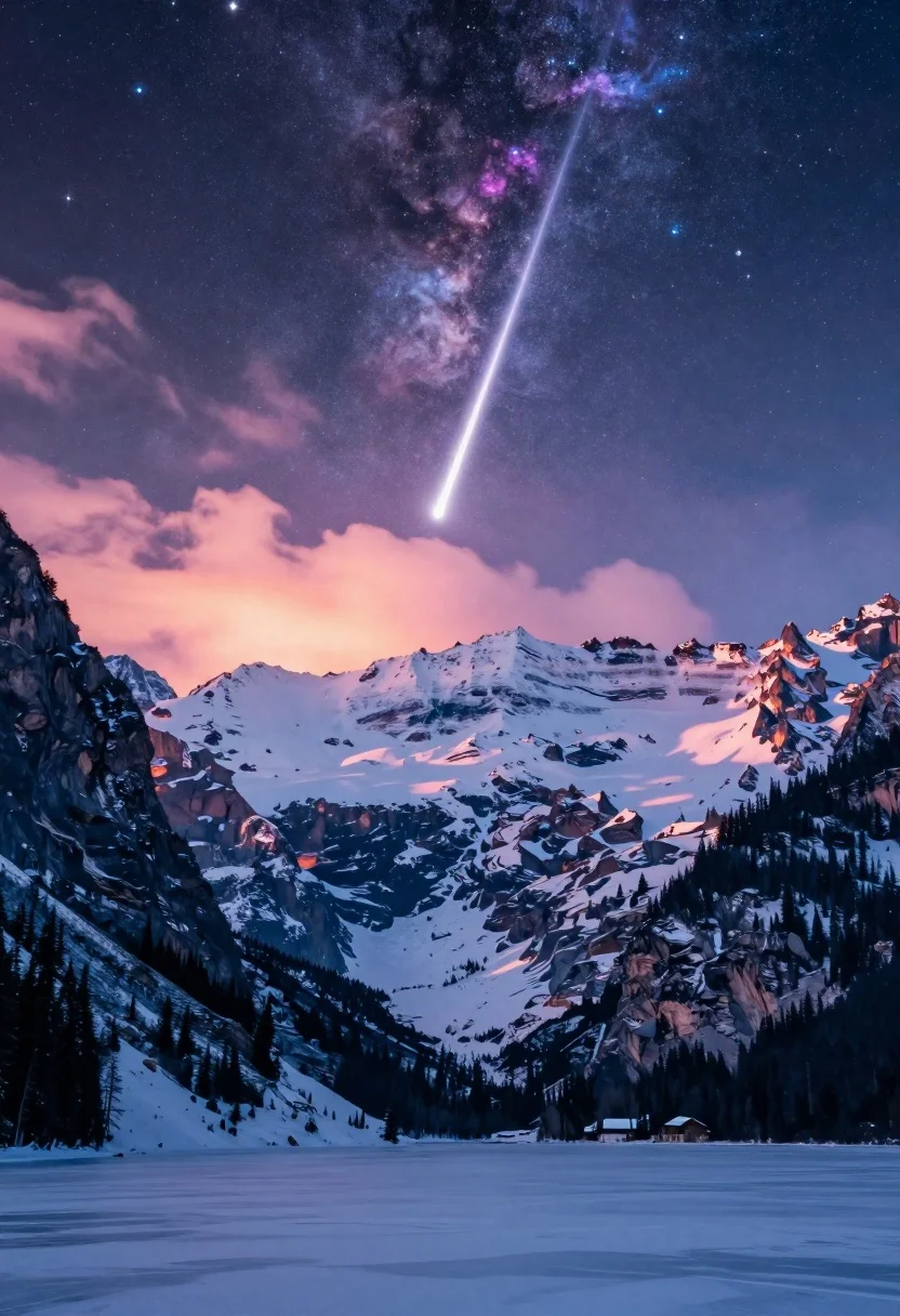 Majestic snow covered mountain range over frozen lake under cosmic nebula sky - AI generated image prompt sample