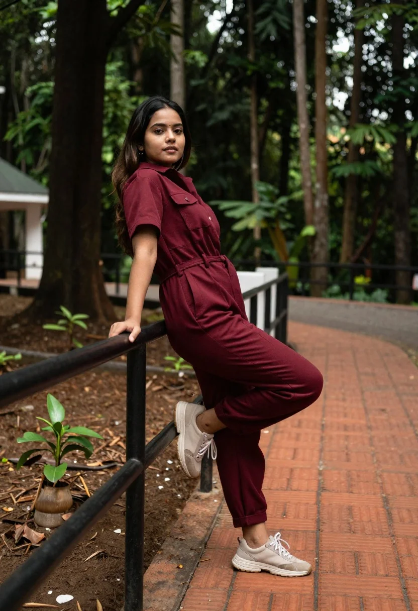 Young woman in maroon jumpsuit leaning on railing in lush green forest