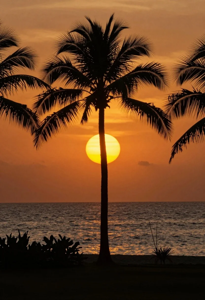Dramatic tropical sunset over calm ocean horizon with palm tree silhouettes - AI generated image prompt sample