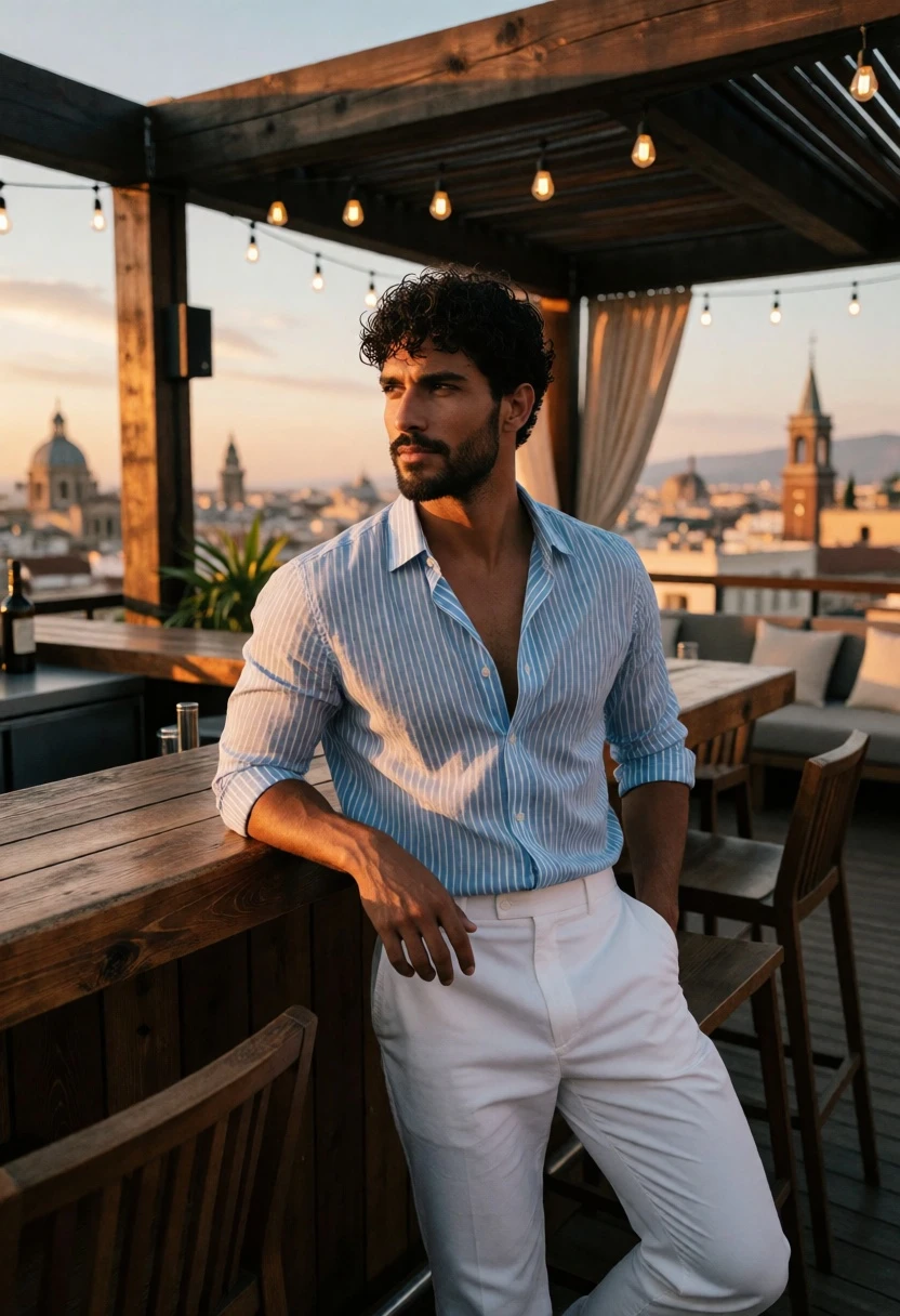 Handsome man leaning on bar counter overlooking historic city skyline at sunset - AI generated image prompt sample