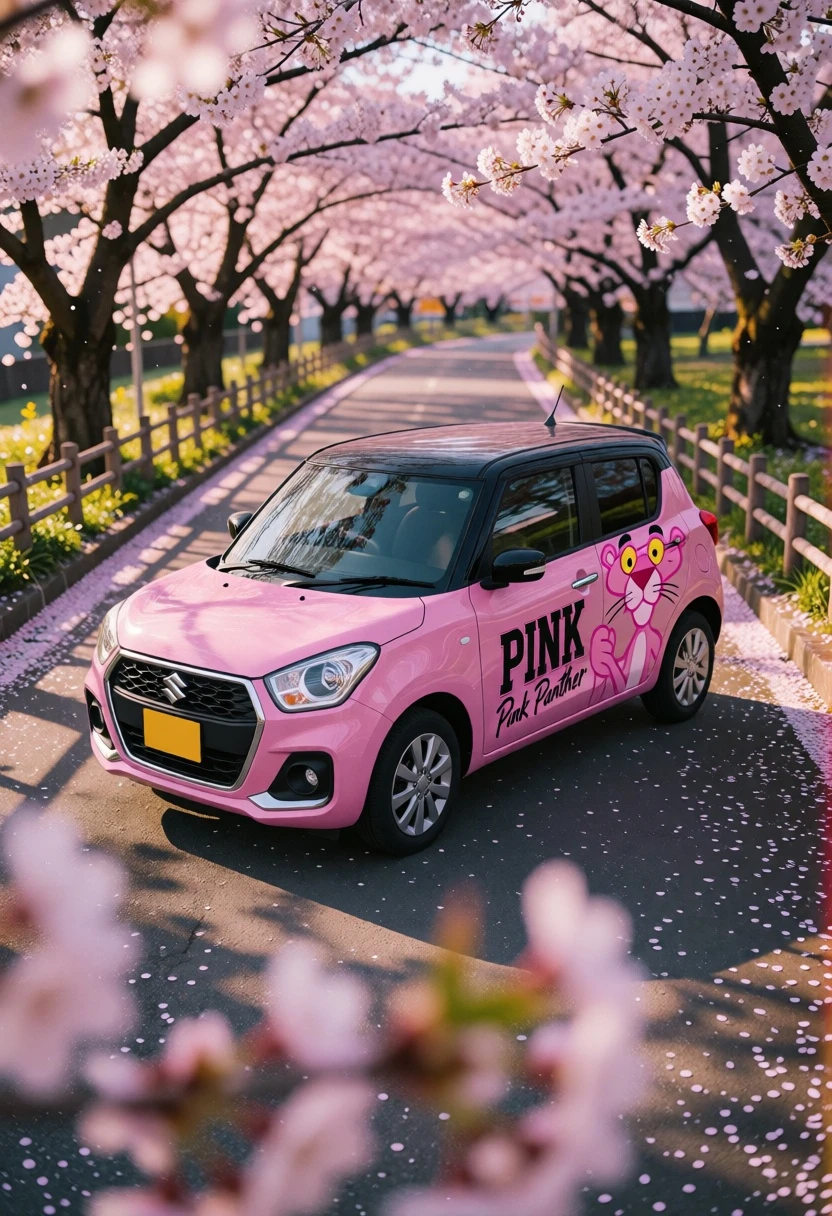 Pink suzuki hatchback parked under blooming cherry blossoms on a treelined road - AI generated image prompt sample