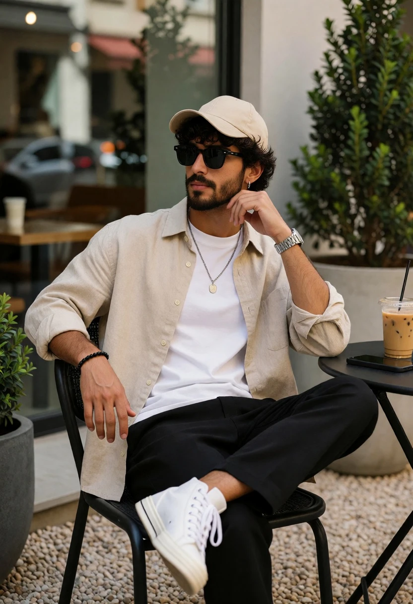Stylish man sitting at outdoor cafe with iced coffee drink nearby - AI generated image prompt sample
