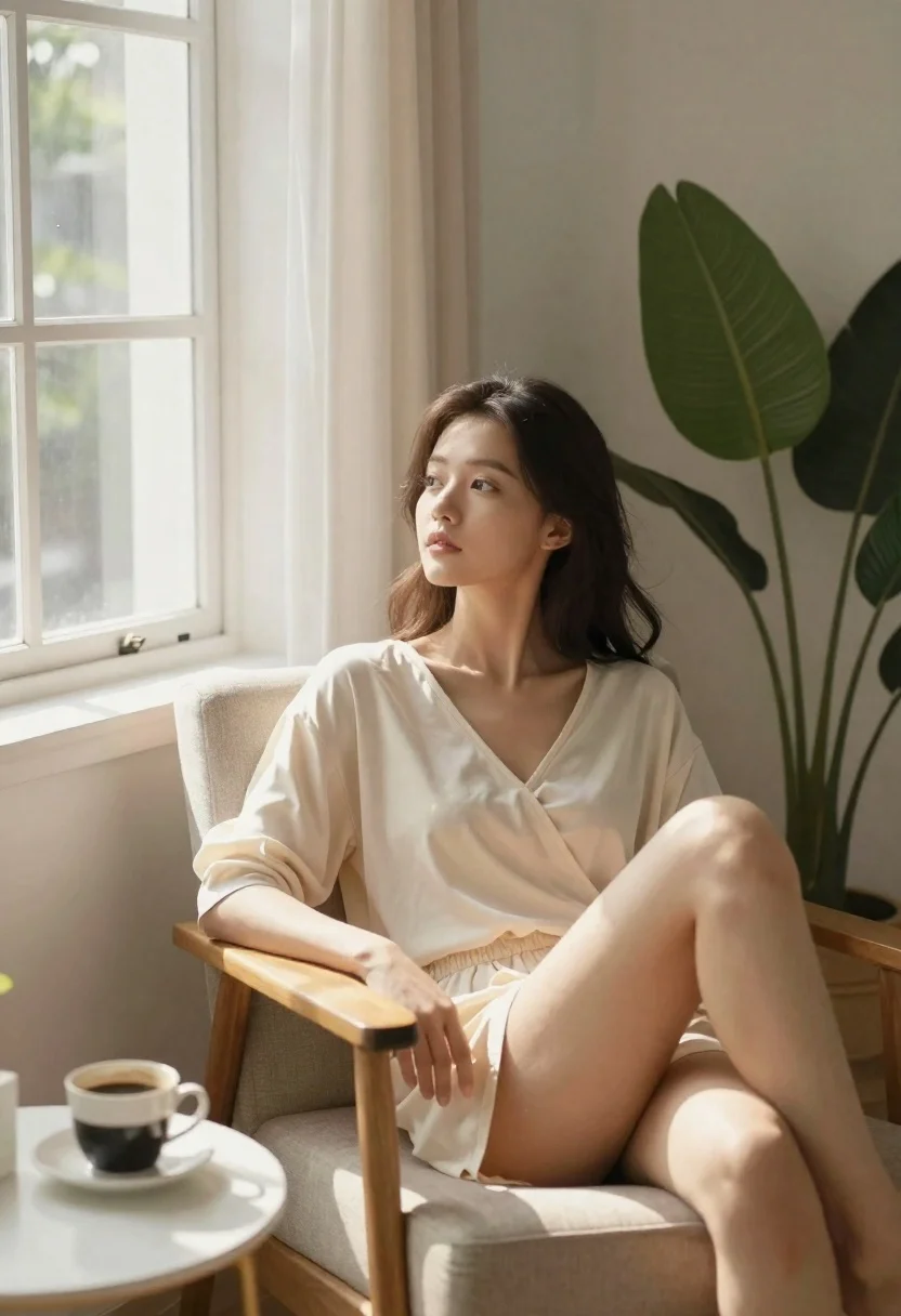 Woman relaxing in armchair by a bright window